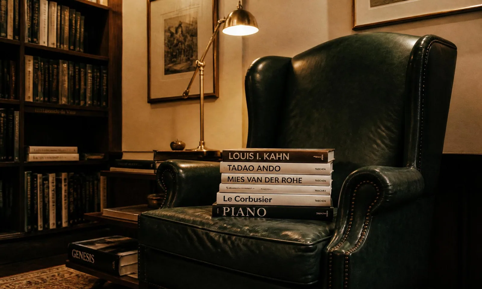 A quiet library corner with architectural monographs on a leather wingback chair
