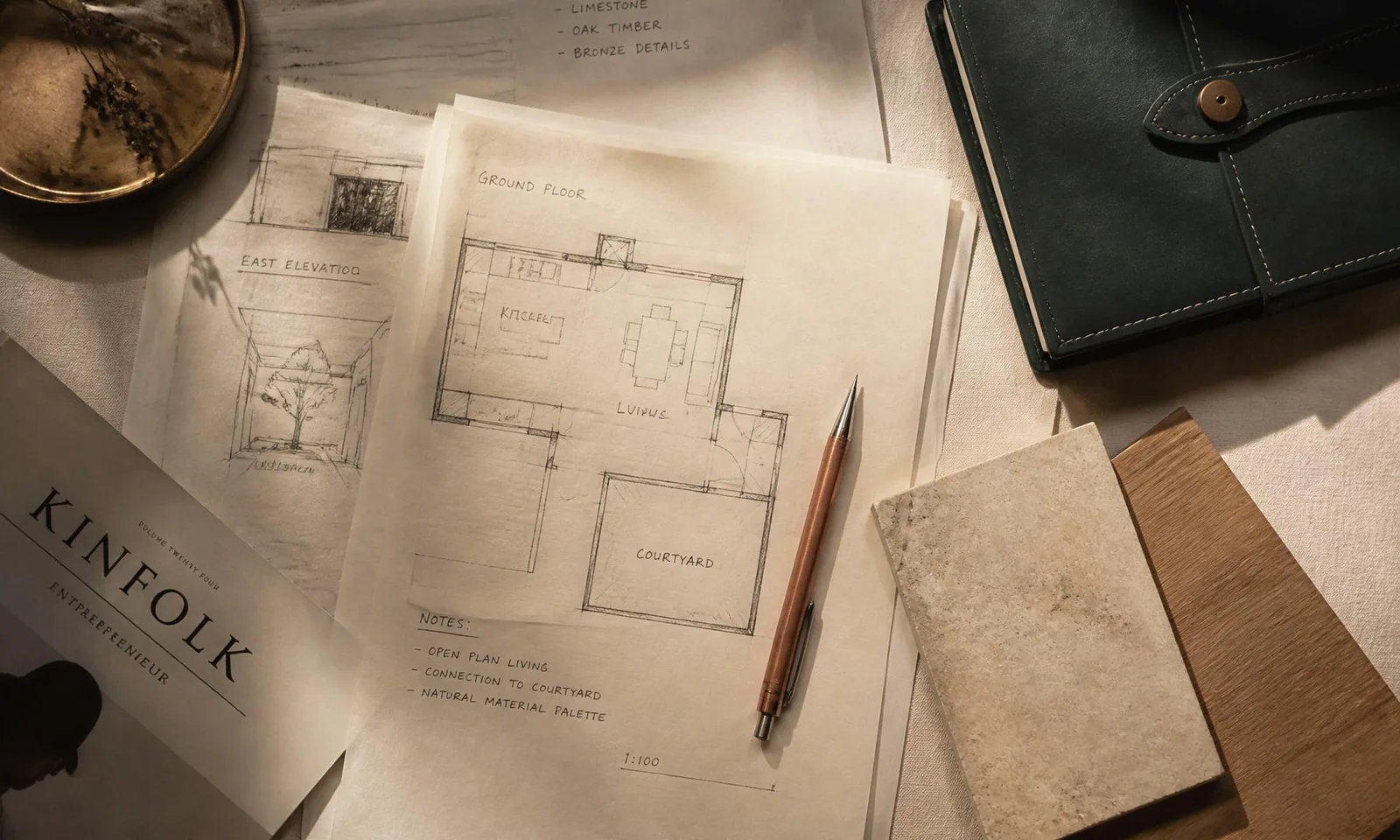Hand-drawn floor plan sketches with a copper pencil and material samples
