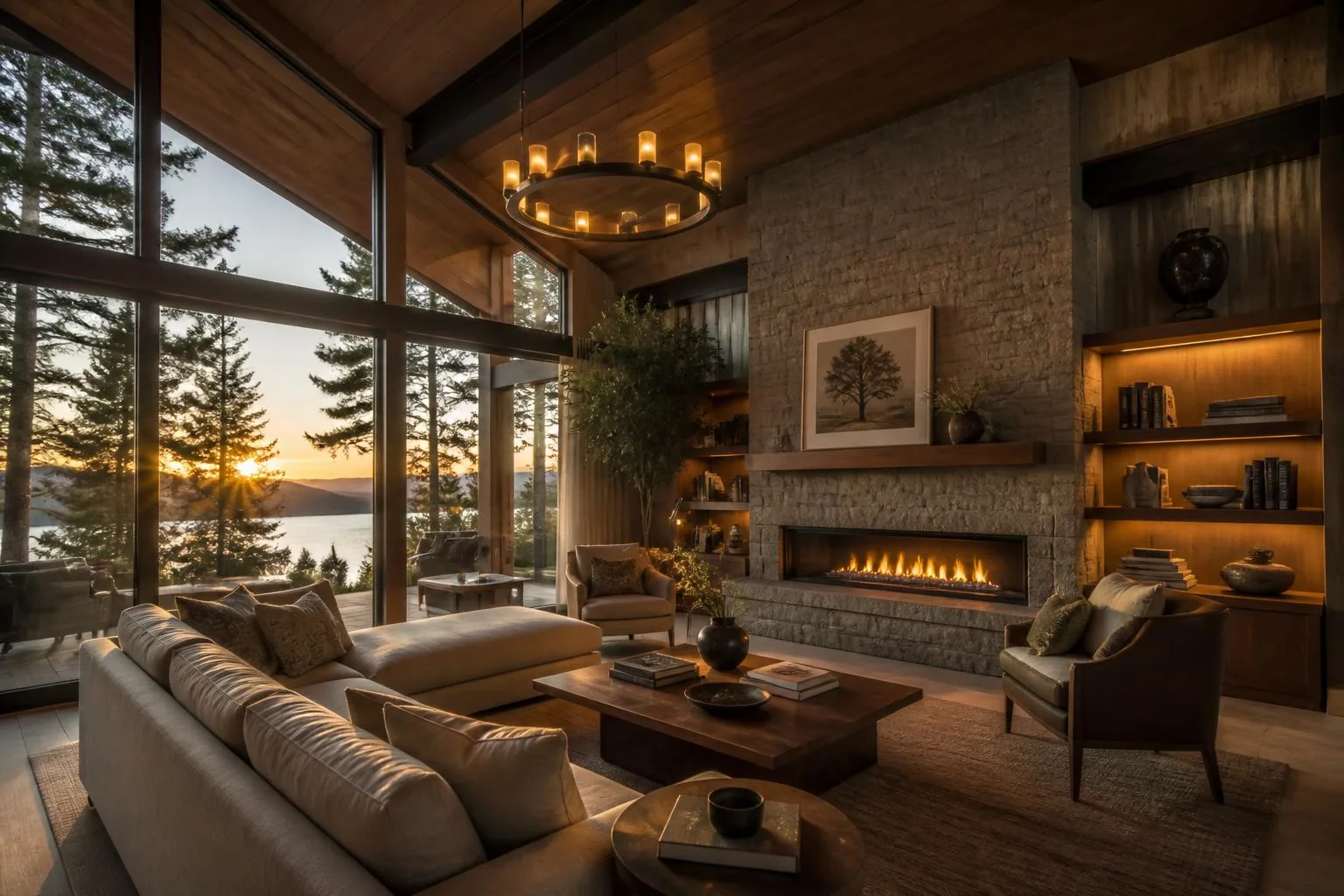 Warm modern custom home living room at golden hour