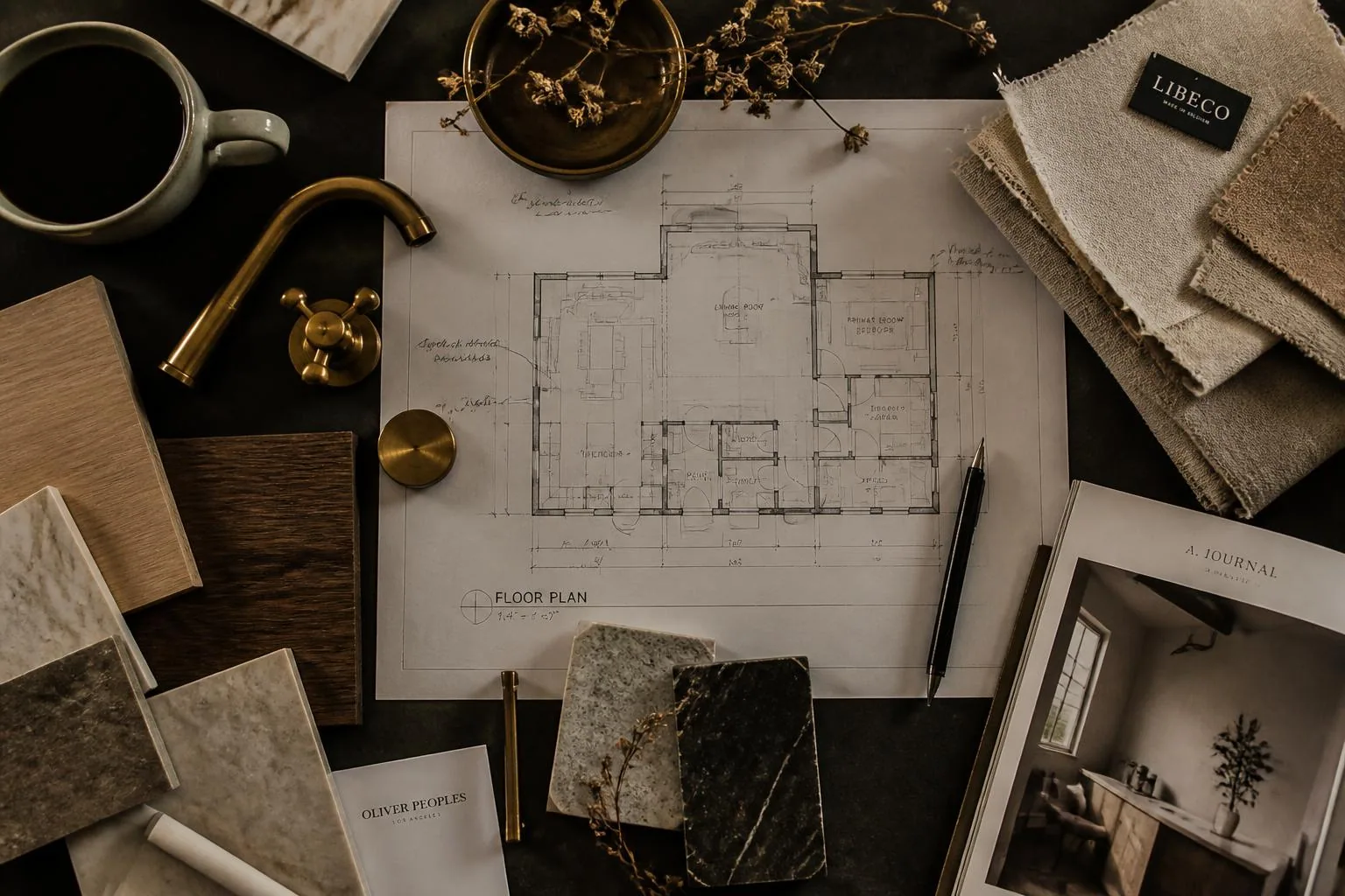 Floor plan, material samples, and brass fixtures laid out for a custom home