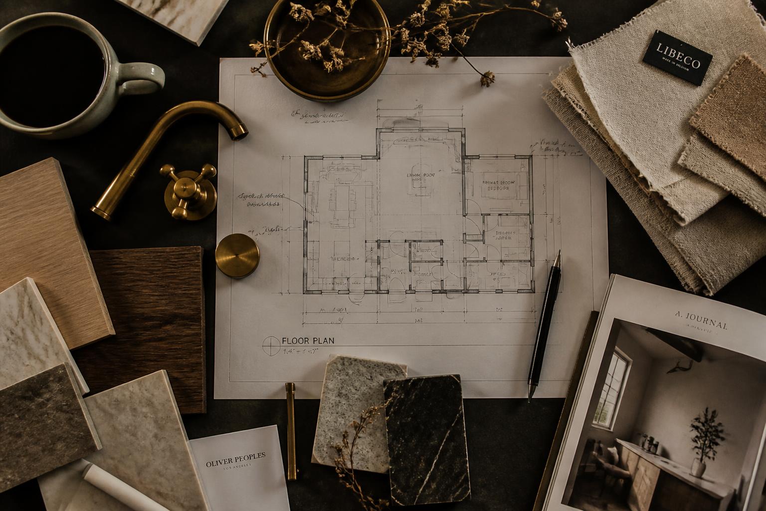 Floor plan, material samples, and brass fixtures laid out for a custom home